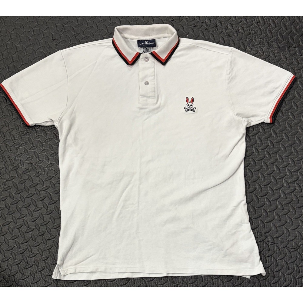 Psycho Bunny Polo Shirt XXL 8 White Striped Collar Navy Red Embroidered Logo EUC